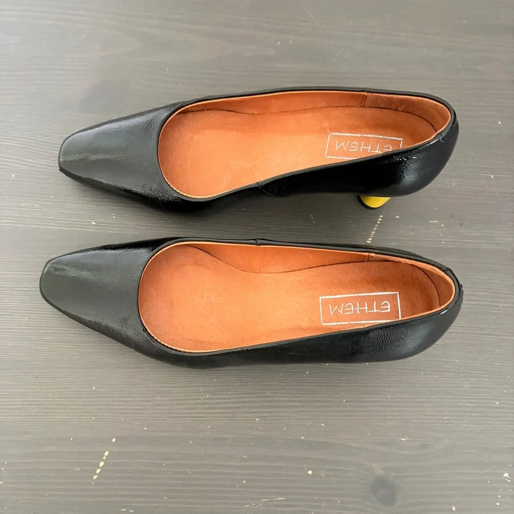 Ethem Pumps Block Heel 38 Black Patent Leather Made in Spain Mod Square Toe